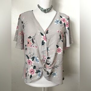Candie's Floral Vneck Wrap Twist Peplum Ruffle Short Sleeve Blouse Top, Size XXL
